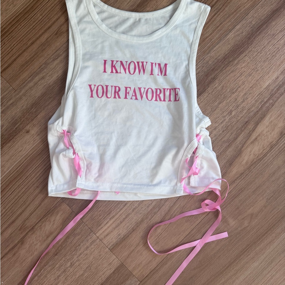 SHEIN White Tank Top with Pink Text and Ribbons